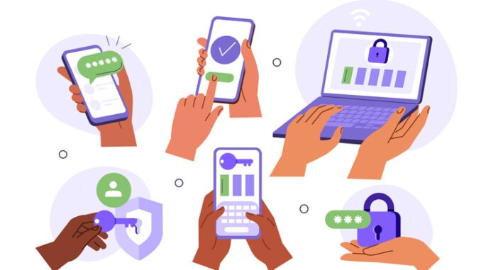 Characters hands holding smartphone, laptop and typing two factor authentication code, pin to verify their id and security access. Vector illustration.