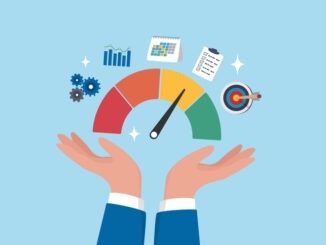 KPI key performance indicator, success benchmark or measuring goal achievement, metric or comparison standard, winning target dashboard concept, businessman hand with KPI performance gauge scale.