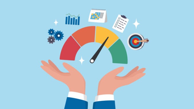 KPI key performance indicator, success benchmark or measuring goal achievement, metric or comparison standard, winning target dashboard concept, businessman hand with KPI performance gauge scale.