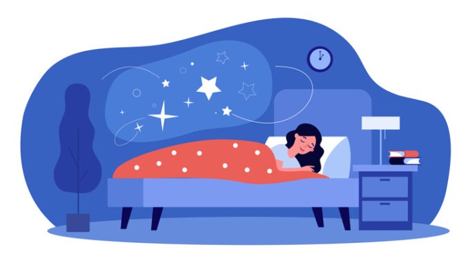 Woman sleeping in her bedroom. Peaceful person resting in bed with stars in cloud bubble. Flat vector illustration for dream, comfort, night, nighttime topics