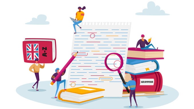 English Grammar Examination. Tiny Characters Correct Mistakes and Errors in Test Written on Huge Paper. Fail Exam Results, Incorrect Answers, Red Underlined Errors. Cartoon People Vector Illustration