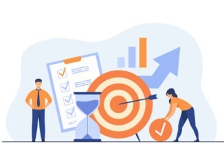Tiny people developing self control system isolated flat vector illustration. Metaphor of target and goal achievement for productive work. Time management and development concept