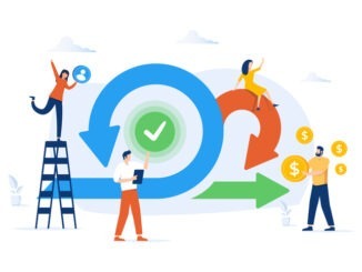 Scrum agile framework plan as software development method tiny person concept. Effective teamwork for project sprint vector illustration. Adaptive programming rule cycle and process managing strategy.