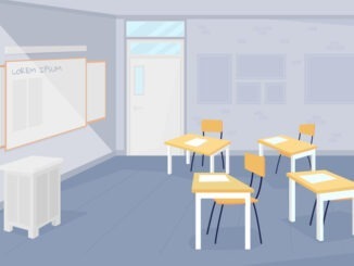 Empty classroom flat color vector illustration. Coronavirus lockdown and quarantine. Distant learning during covid. Nobody at school 2D cartoon with classroom interior on background
