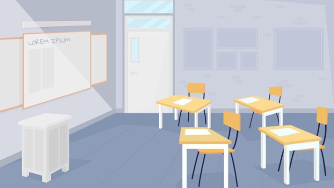 Empty classroom flat color vector illustration. Coronavirus lockdown and quarantine. Distant learning during covid. Nobody at school 2D cartoon with classroom interior on background