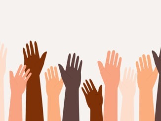 Diverse Group Of Hands Raising Up. Isolated On Solid Color Background. Vector, Illustration, Flat Design, Character.
