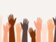 Diverse Group Of Hands Raising Up. Isolated On Solid Color Background. Vector, Illustration, Flat Design, Character.