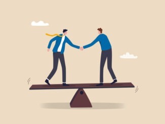 Negotiation for business winning, agreement or partnership deal for both benefit, merger and acquisition, professional talk concept, businessman handshake with success negotiation over balance seesaw.