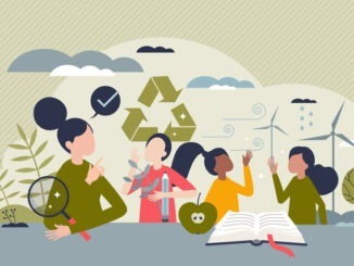 Education for sustainability as teaching ecology for kids tiny person concept. Environment, climate and nature protection learning in school for future with responsible community vector illustration.