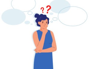 Young woman thinks. Woman with question marks and with blank speech bubbles. Concept of thinking, considered gesture