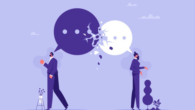 Failure in communication or communication breakdown concept, symbol of misunderstanding, negotiation problems, miscommunication, argument