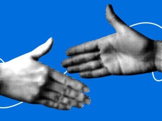 Hands reach out to each other. Handshake. Halftone retro hands. Paper cutout elements. Trendy vintage newspaper parts. Hands tied with thread. Shaking hands. Make a deal. Successful agreement
