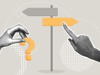 Trendy halftone collage. Concept of choice, make a decision left or right, ability to think in a difficult situation, question of choosing between 2 directions. Illustration for web banner, social media banner. Vector illustration