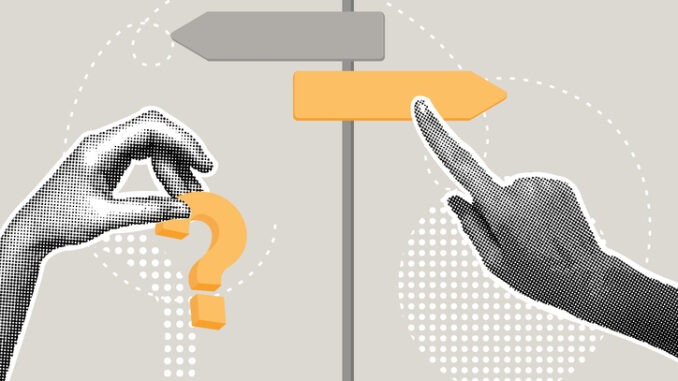 Trendy halftone collage. Concept of choice, make a decision left or right, ability to think in a difficult situation, question of choosing between 2 directions. Illustration for web banner, social media banner. Vector illustration