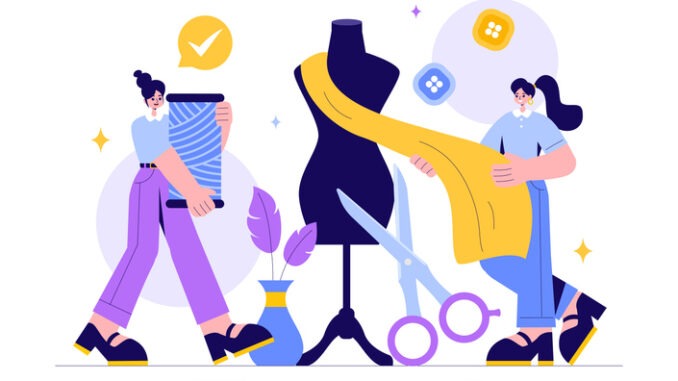 Seamstress Vector Illustration Featuring a Fashion Designer Sewing Dresses and Creating Outfits in a Tailor Shop with a Flat Style Background