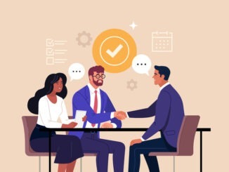 Vector cartoon illustration of two men in suits shaking hands and a woman with documents at a desk. Isolated on background.