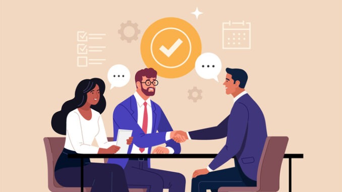 Vector cartoon illustration of two men in suits shaking hands and a woman with documents at a desk. Isolated on background.