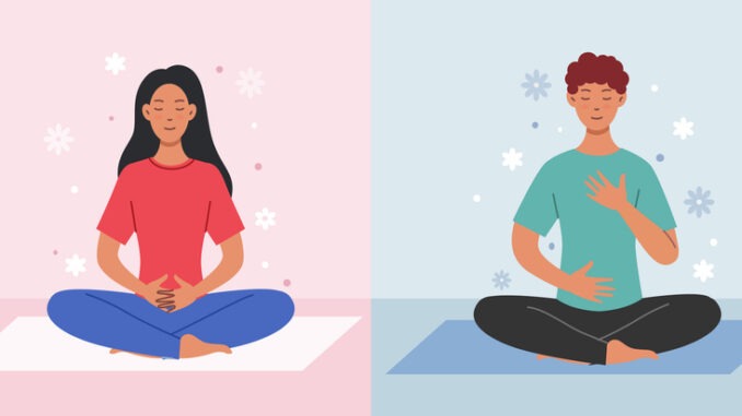 Deep breath and mindfulness. Man and woman sit in lotus position, meditate and take care of mental health. Calm and relaxed characters. Psychological stability. Flat vector illustration collection