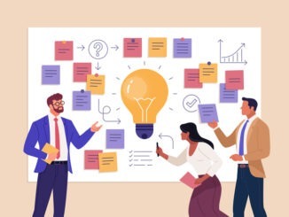 Vector cartoon illustration of a close-up group of diverse people standing near a board with sticky notes and discussing an idea. Isolated on background.