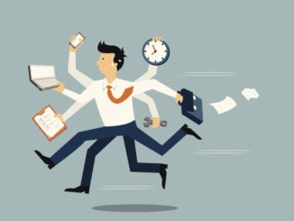 Businessman running in a hurry with many hands holding time, smart phone, laptop, wrench, papernote and briefcase, business concept in very busy or a lot of work to do.