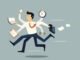 Businessman running in a hurry with many hands holding time, smart phone, laptop, wrench, papernote and briefcase, business concept in very busy or a lot of work to do.