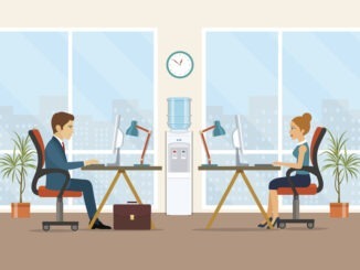 Office workers sitting at the table. Office workplace with table, bookcase, window. Flat vector illustration.