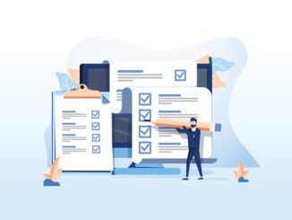Isometric flat vector concept of online exam, questionnaire form, online education, survey, internet quiz. Survey or exam form long paper sheet with answered quiz checklist and success result