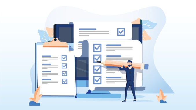 Isometric flat vector concept of online exam, questionnaire form, online education, survey, internet quiz. Survey or exam form long paper sheet with answered quiz checklist and success result