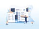 Isometric flat vector concept of online exam, questionnaire form, online education, survey, internet quiz. Survey or exam form long paper sheet with answered quiz checklist and success result