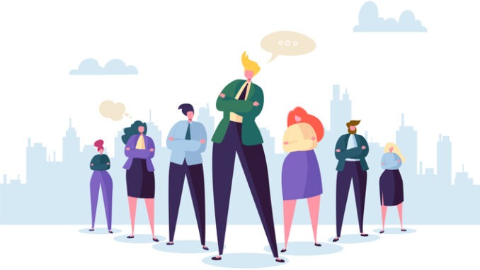 Group of Business People Characters with Leader. Teamwork and Leadership Concept. Successful Businessman Stand Out in Front of Flat People. Vector illustration