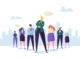 Group of Business People Characters with Leader. Teamwork and Leadership Concept. Successful Businessman Stand Out in Front of Flat People. Vector illustration