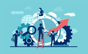 Vector of businesspeople company team working around alarm clock rings on blue background. Time management concept