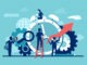 Vector of businesspeople company team working around alarm clock rings on blue background. Time management concept