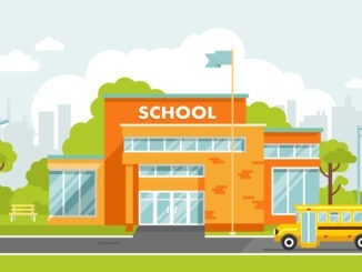 Modern school, college building on city street background, with bus and front yard.