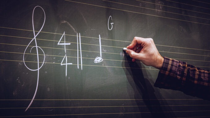 Hand writing music notes on a score on blackboard with white chalk. Musical composition or training or education concept.