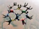 Skydivers holding hands making a fomation. High angle view.
