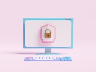 computer with golden lock,shield isolated on pink background.Internet security or privacy protection or ransomware protect concept,3d illustration or 3d render