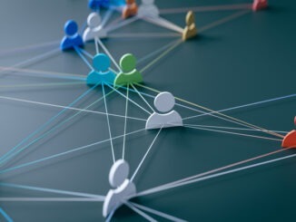 A concept that expresses the hyper-connected society of modern society by connecting people icons with lines, 3d rendering.