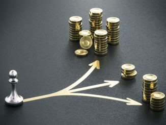 One pawn and many golden coins over black background with 3 arrows. Investment decision making or porfolio diversification. 3d illustration.