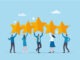 Employee survey, customer feedback rating or performance review, five stars service, best experience or feedback and engagement concept, business people employees holding 5 stars rating feedback.