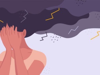Conceptual stock vector illustration for psychology, mental distress, depression, exhaustion, burn out, fear, anger and mental problems. Stressed, unhappy girl or woman is under a storm of negative emotions with lightning and rain.