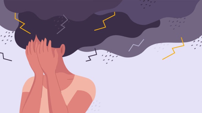 Conceptual stock vector illustration for psychology, mental distress, depression, exhaustion, burn out, fear, anger and mental problems. Stressed, unhappy girl or woman is under a storm of negative emotions with lightning and rain.
