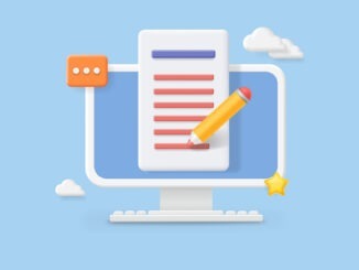Writing text content. Monitor computer with text file editing concept. Screen, document, pencil, copywriting 3d icon.