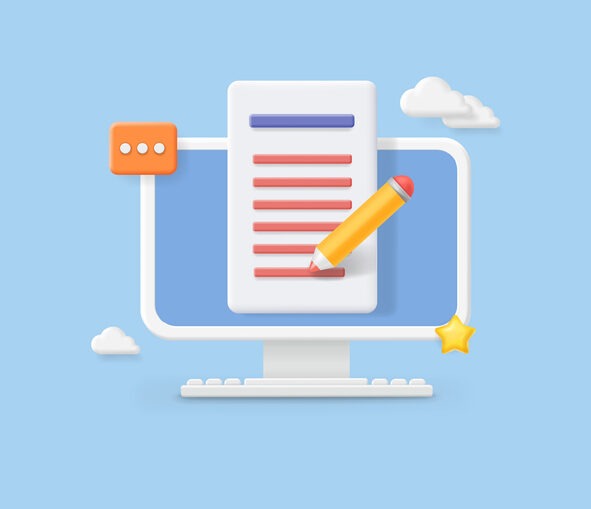 Writing text content. Monitor computer with text file editing concept. Screen, document, pencil, copywriting 3d icon.