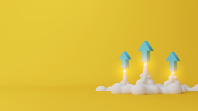 Three arrows soaring on yellow background. Business development to success and growing growth concept. 3d render illustration