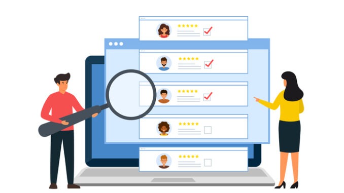 Recruitment concept. Choice of worker or personnel. Managers choosing resume of new employees. Vector Illustration.