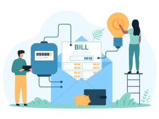 Electricity bill, payment for invoice. Tiny people press power button on light bulb, man and woman check electric meter to pay for electricity consumption and save energy cartoon vector illustration