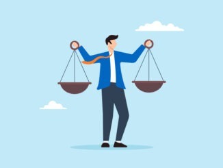 Flat illustration of Businessman compares scales to measure integrity and ethical decisions representing pros and cons