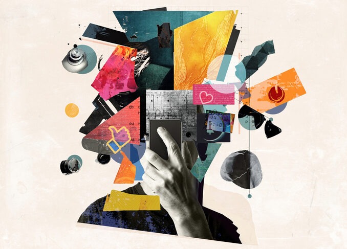 Digital overload and its impact on the human brain, showcasing fragmented thoughts, information overload. Abstract design art collage. Social media digital addiction, mental health, stress, anxiety