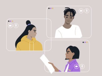 Three distinct window frames showcase participants in a virtual gathering, each engaged in thoughtful discussion and interaction, fostering a sense of community online